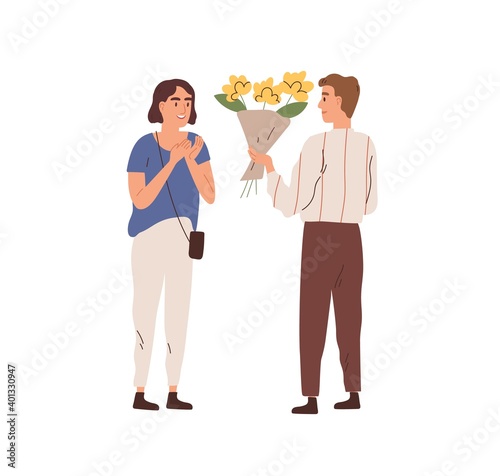 Man giving bouquet of beautiful flowers to woman vector flat illustration. Male admirer making floristic gift or surprise to beautiful female isolated on white. Enamored couple on romantic date