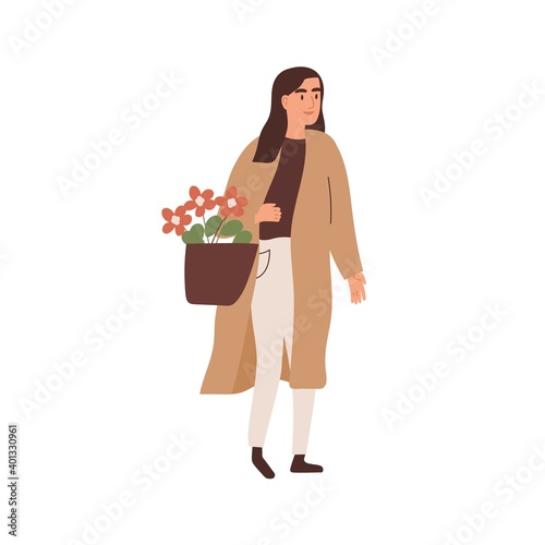 Happy woman carrying blooming flowers in bag or basket vector flat illustrati...
