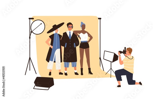 Fashion photography backstage. Photographer taking photo or shooting models posing in fashionable clothes in studio with professional light. Flat vector illustration isolated on white background