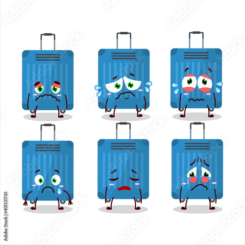 Blue lugage cartoon character with sad expression