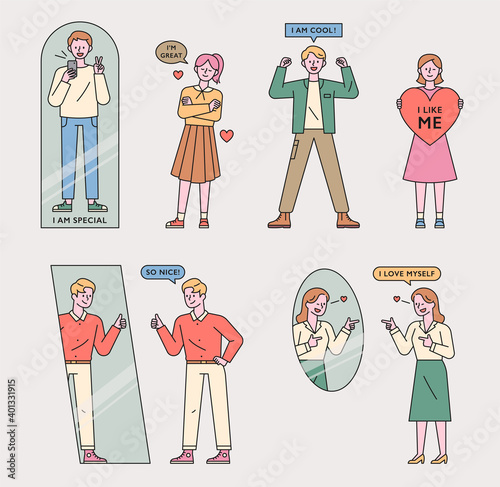 People who have a positive mindset. People are cheering for themselves while looking in the mirror. flat design style minimal vector illustration.