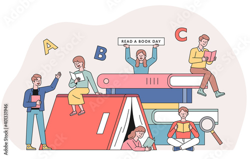 Book Festival poster banner. People are reading books around large piles of books. flat design style minimal vector illustration.
