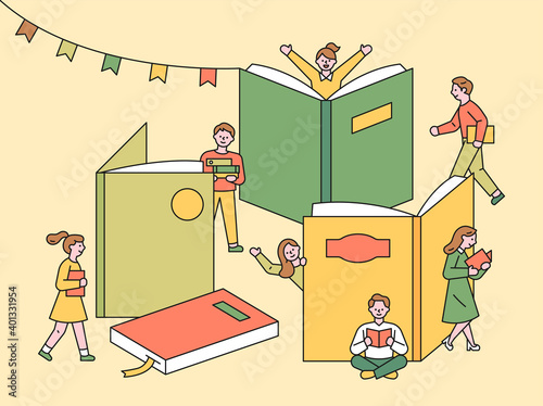 Book Festival poster. In a library with a large book built like a building, people are walking around and reading. flat design style minimal vector illustration.