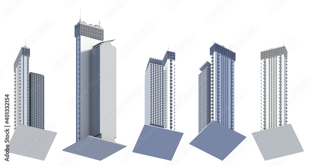 5 view from below renders of fictional design abstract tall buildings block of flat towers with sky reflections - isolated on white, 3d illustration of skyscrapers