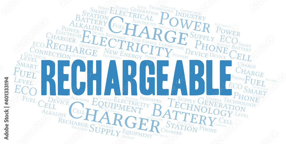Fototapeta premium Rechargeable typography word cloud create with the text only.
