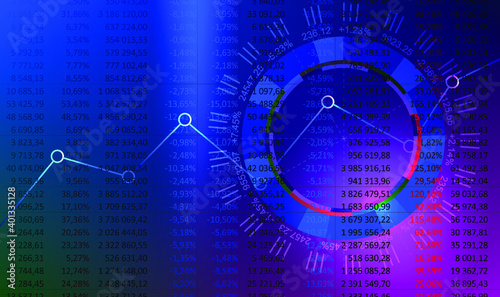 Business Finance. Background illustration of financial processes. A blue background shows an array of digital data on the financial situation. The radial chart clearly shows the market situation.