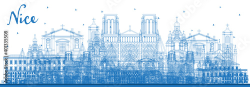 Outline Nice France City Skyline with Blue Buildings.