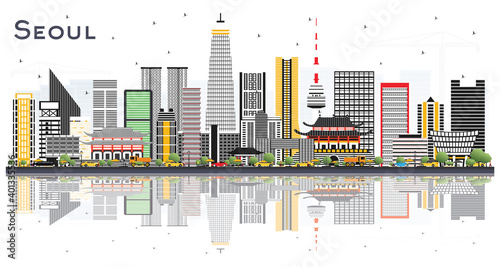 Seoul South Korea City Skyline with Color Buildings and Reflections Isolated on White.