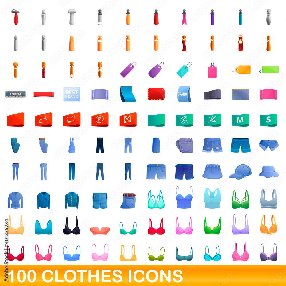 Fototapeta premium 100 clothes icons set. Cartoon illustration of 100 clothes icons vector set isolated on white background