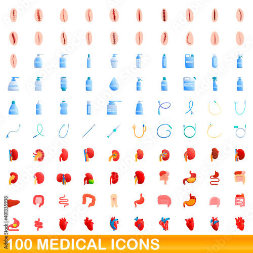 100 medical icons set. Cartoon illustration of 100 medical icons vector set isolated on white background