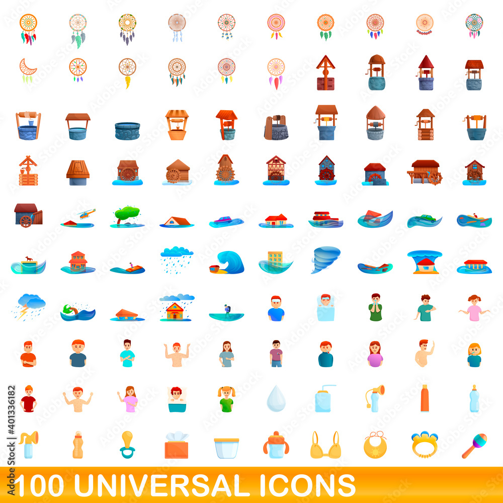 Fototapeta premium 100 universal icons set. Cartoon illustration of 100 universal icons vector set isolated on white background