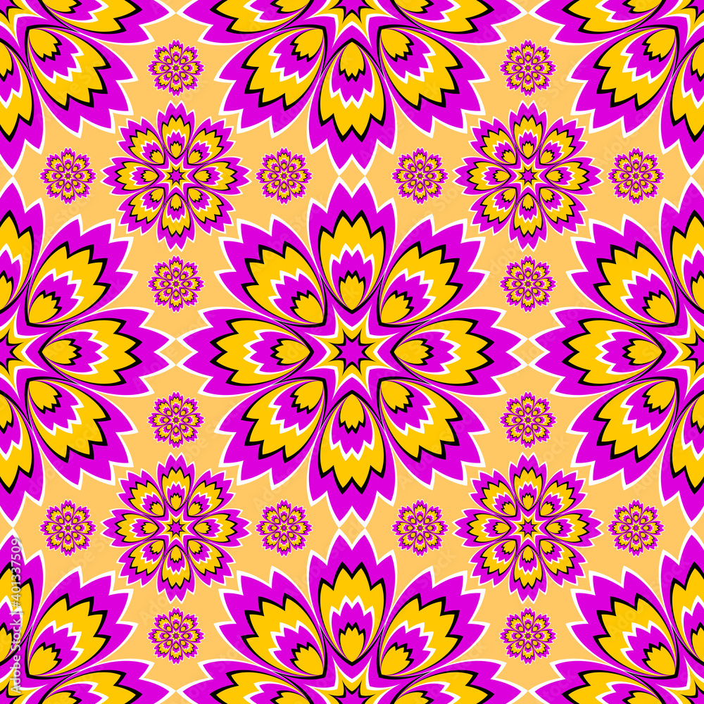 Yellow wrapping paper with pink flowers. Optical expansion illusion. Seamless pattern.