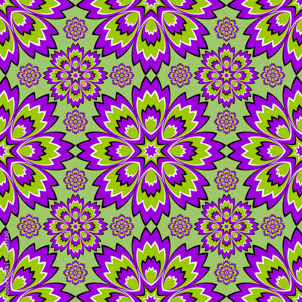Green wrapping paper with flowers. Motion illusion. Seamless pattern.