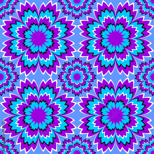 Blue wrapping paper with magic flowers. Optical expansion illusion. Seamless pattern.