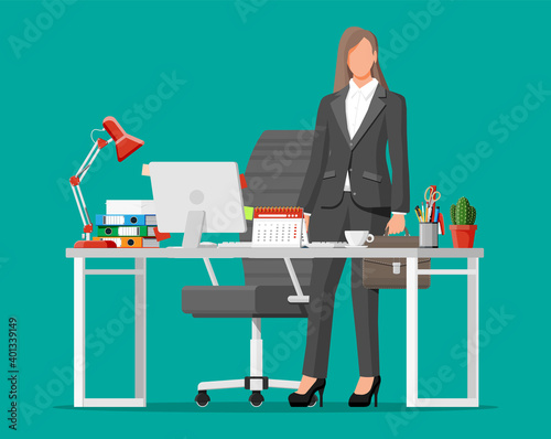 Businesswoman at work. Modern creative office workspace. Workplace with computer lamp, clock, books, coffee, calendar, chair, desk and stationery. Desk with business elements. Flat vector illustration