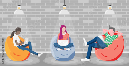 Happy male, female character working at laptop. Business people sitting in bean bag armchair. Group of freelancer in coworking space interior. Shared workplace loft, beanbag. Flat vector illustration