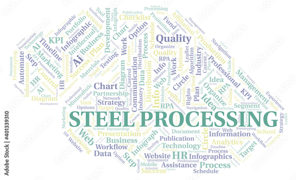 Steel Processing typography word cloud create with the text only.
