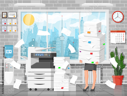 Business woman character in office in bunch of papers. Tired businesswoman or office worker on workplace. Stress at work. Bureaucracy, paperwork, deadline. Vector illustration in flat style