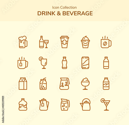 drink and beverage icon set collection package beer soda alkohol cocktail juice coffee tea milk glass jug cup bottle with outline style