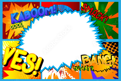 Vector illustrated retro comic pop art background with place for text. Advertising frame with comic book effect, expression words.