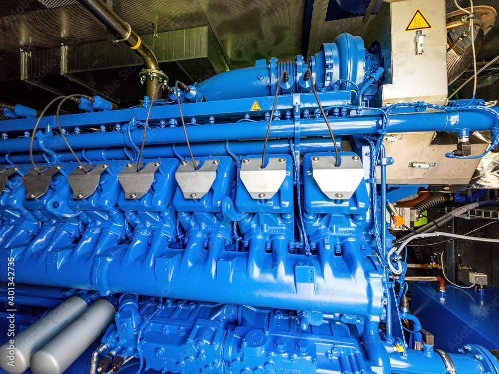 Engine of CHP unit. Diesel and gas industrial electric generator.