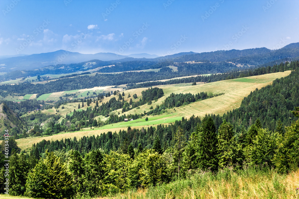 Summer in Pieniny Mountains. View from Rozdziela Pass on Beskid Sadecki and Gorce.