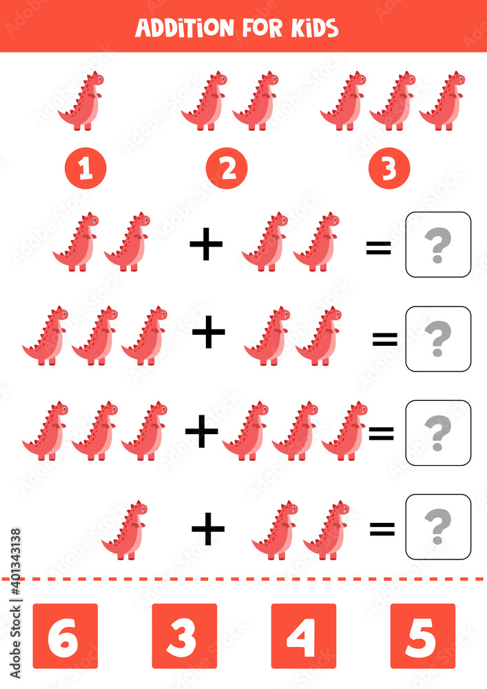 Addition worksheet with red tyrannosaur. Math game.