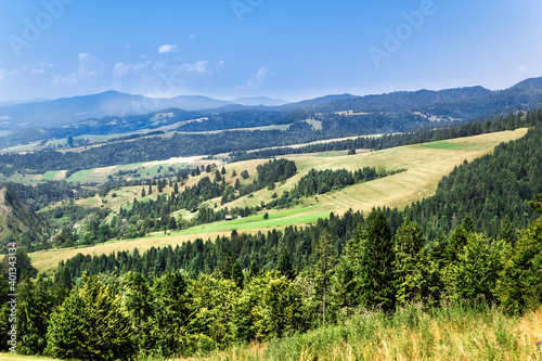 Summer in Pieniny Mountains. View from Rozdziela Pass on Beskid Sadecki and Gorce.