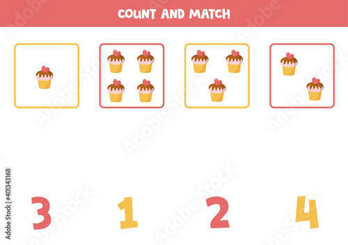 Counting game for kids. Math game with cartoon cupcakes.