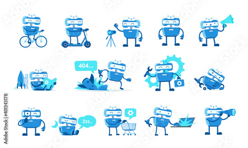 Robot mascot character set. Support service-center. Chat bot. All tasks. Cartoon flat vector illustration. photo