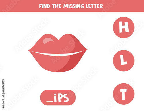 Find missing letter with cartoon lips. Spelling worksheet.