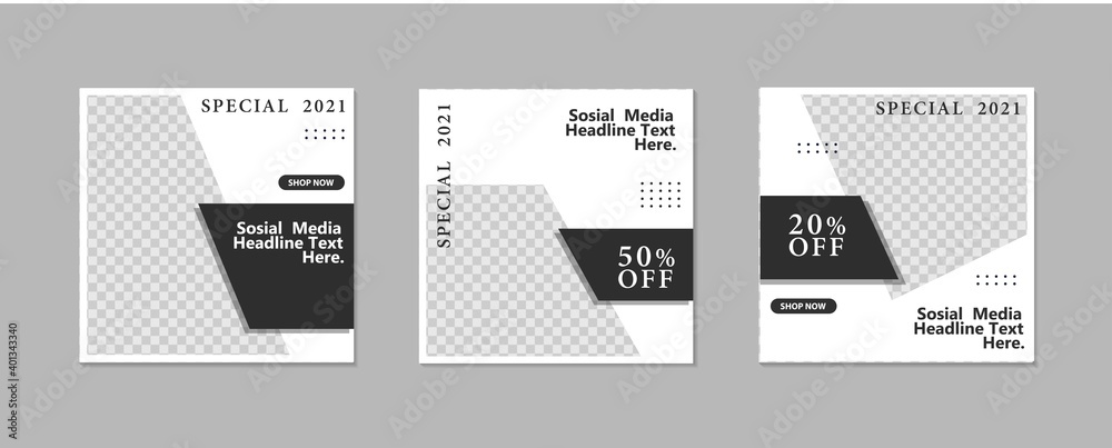 Set of Editable minimal square banner template. black and white background color with geometric shapes for social media post and web internet ads. Vector illustration