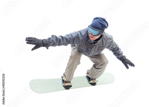 Snowboarder with snowboard deck. Isolated on a white background.