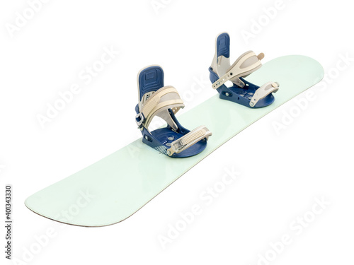 Snowboard with strap-in bindings and stomp pad. Isolated with clipping path.