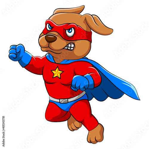 The big dog with the red costume and blue cloak is posing with the fly pose