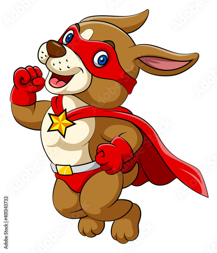 The big dog with happy face and wearing all red superheroes costume