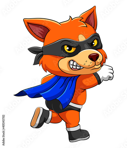 The fox wearing black mask is standing with one foot and flying pose