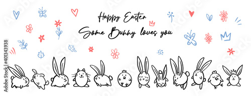 Cartoon doodle line happy Easter chalk board sign, egg, bunny, chicken, cat, dog, flowers, crown, leaves. Vector doodle illustration. Black outline bunny ears. Cute easter funny hand drawn sketch.