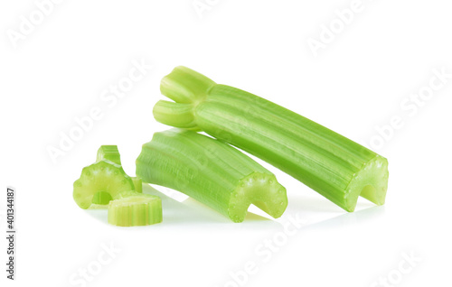 Green fresh celery with slice isolated on white background.