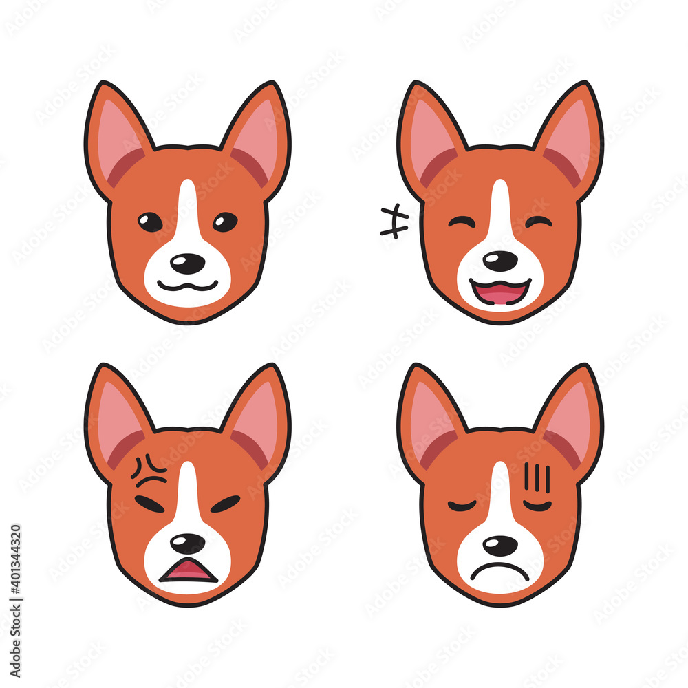 Set of basenji dog faces showing different emotions for design.