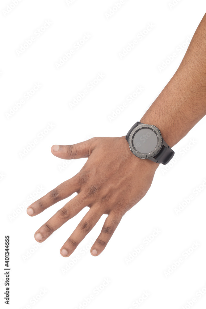 hand wearing smart watch isolated on white. hand wearing smart watch isolated on white.
