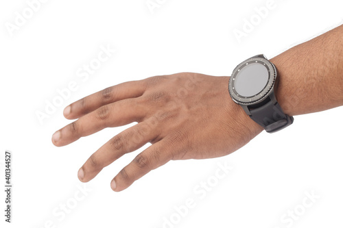 hand wearing smart watch isolated on white.
