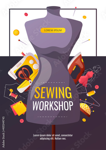 Banner design with mannequin and sewing items. Sewing workshop, fashion design, dressmaking, tailoring concept. A4 vector illustration for poster, banner, advertising, commercial.