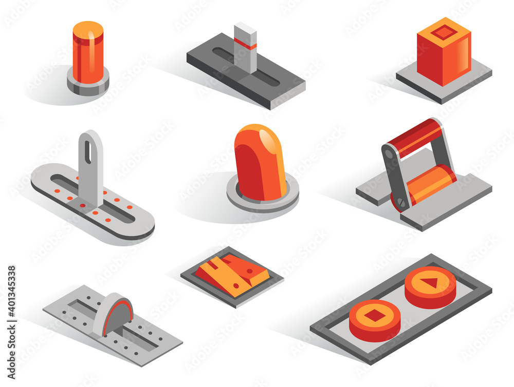 Isometric or 3d various buttons vector set. Isolated icons collection in different from. Levers sliders regulators toggle regulators and switches in gray and orange color Isometric or 3d various buttons vector set. Isolated icons collection in different from. Levers sliders regulators toggle regulators and switches in gray and orange color