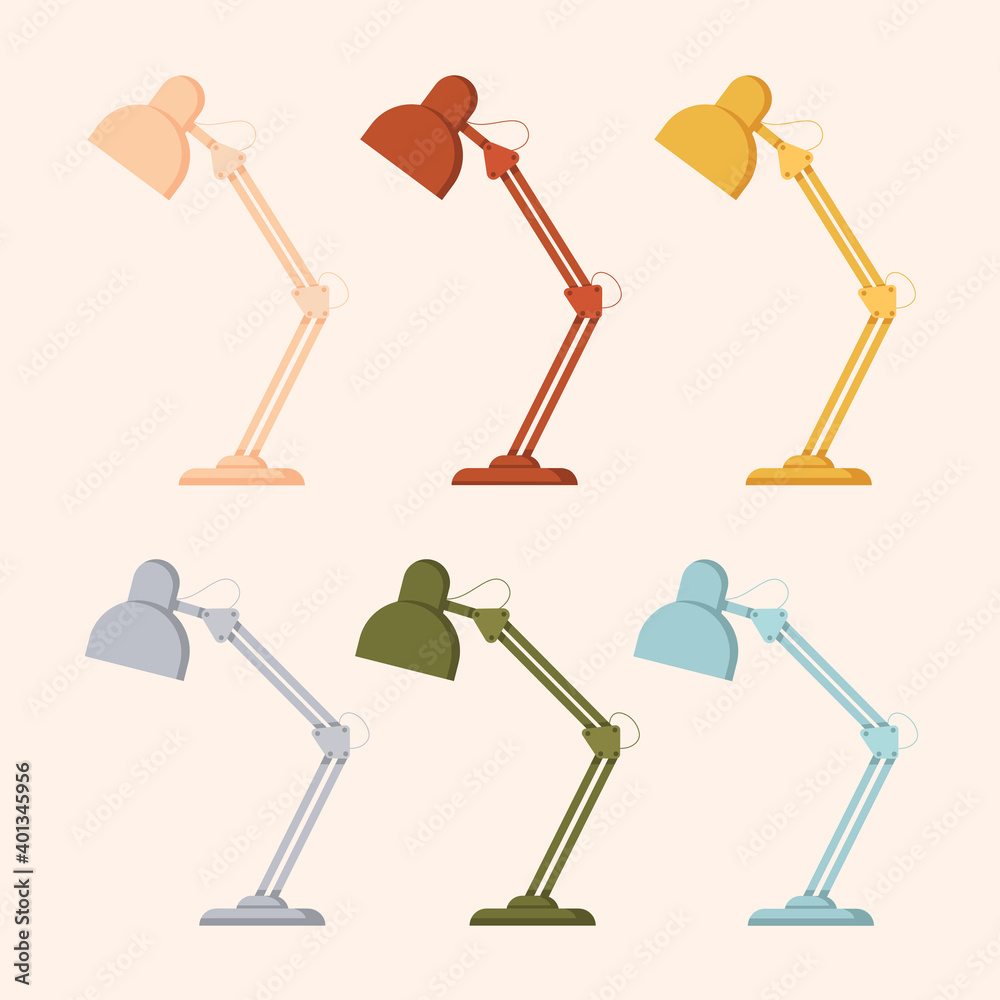 Colorful modern set of lamps. Table lamps of different shapes. Isolated objects. Cartoon illustration. Vector stock graphics. Colorful modern set of lamps. Table lamps of different shapes. Isolated objects. Cartoon illustration. Vector stock graphics.