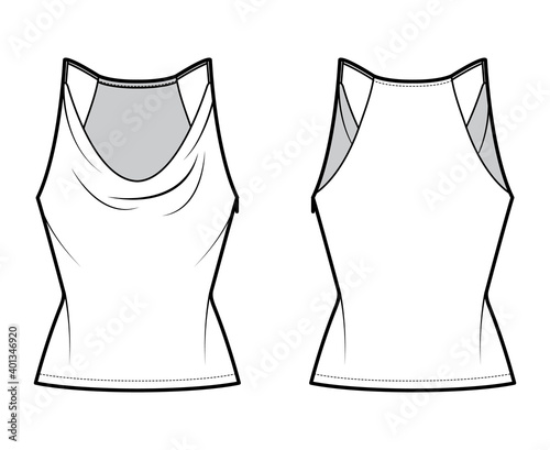 Tank low cowl Camisole technical fashion illustration with thin adjustable straps, slim fit, tunic length. Flat apparel outwear top template front, back, white color. Women men unisex CAD mockup