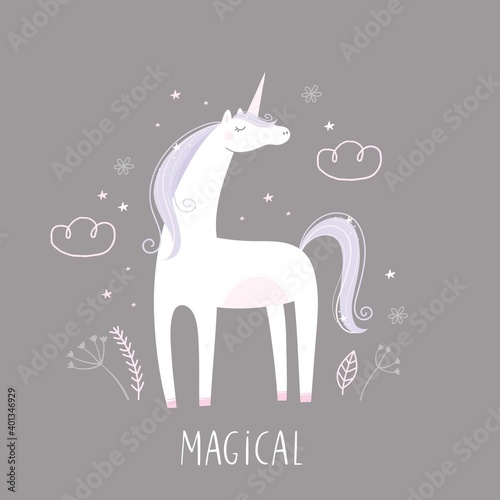 Vector poster with a cute unicorn for Baby Shower party