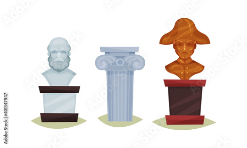 Museum Exhibit with Rome Column and Stone Statue Vector Set