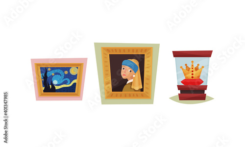 Museum Exhibit with Pictures from Art Gallery and Crown Vector Set