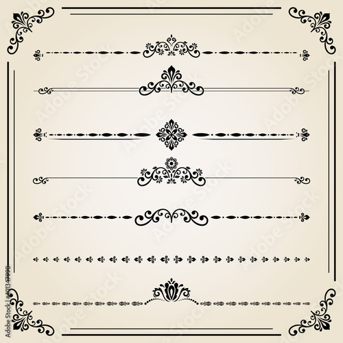 Vintage set of decorative elements. Horizontal separators in the frame. Collection of different ornaments. Classic black patterns. Set of vintage patterns